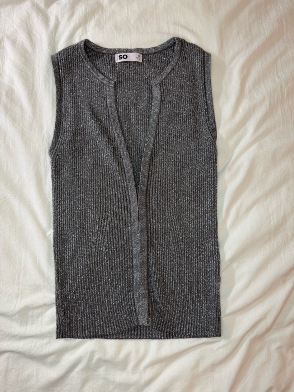SO Metallic Ribbed Sleeveless Open Cardigan - Charcoal
